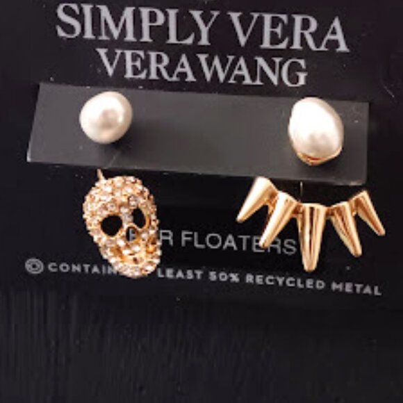 VERA WANG Goth Halloween Gold Skull Head Spikes White Pearl Front Back Earrings - Picture 3 of 4